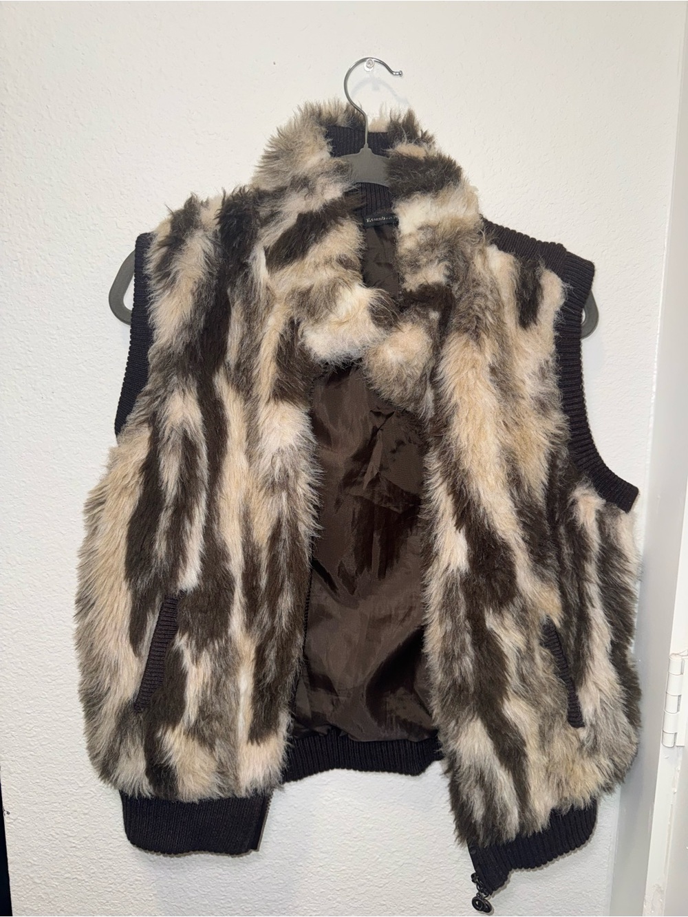 Essentials by Milano Faux Fur Vest in Brown and Cream